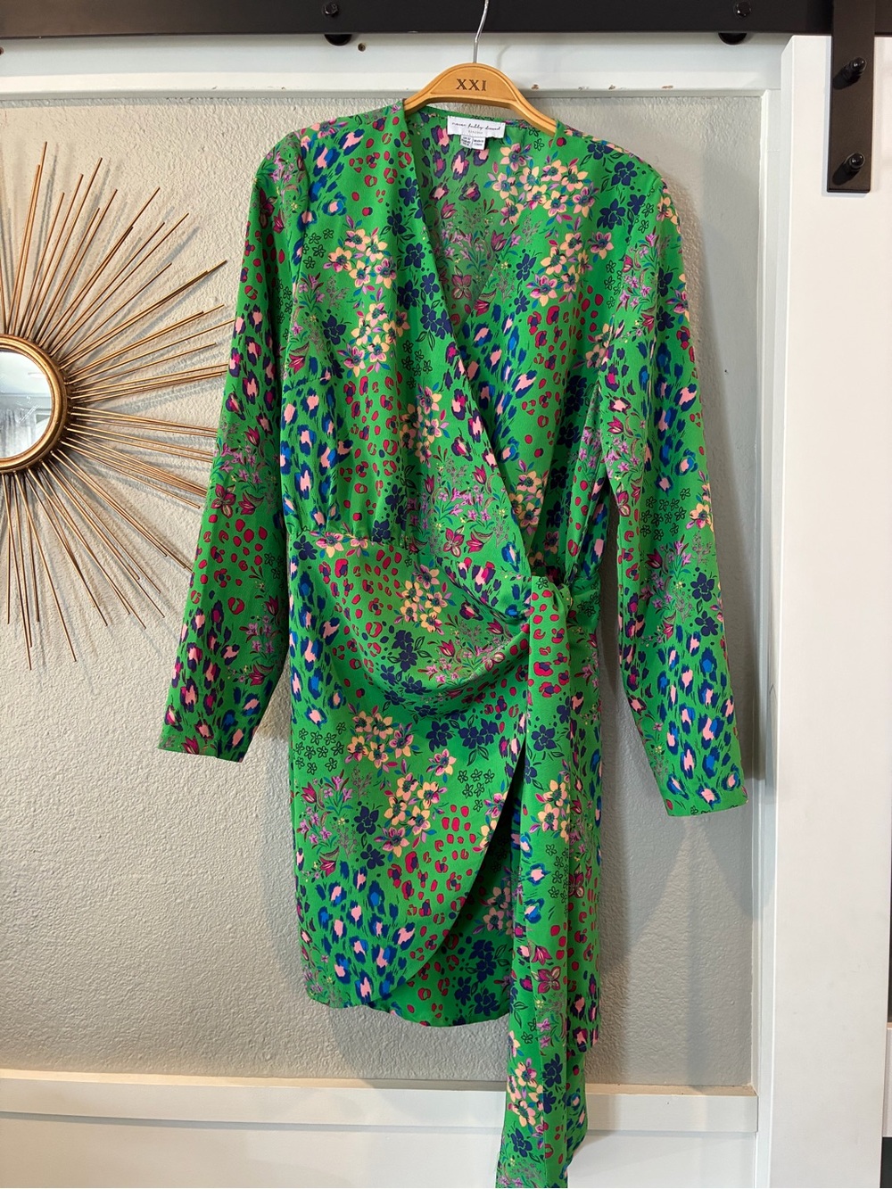 Never Fully Dressed Green Floral Wrap Dress with Pink, Blue & Yellow Accents